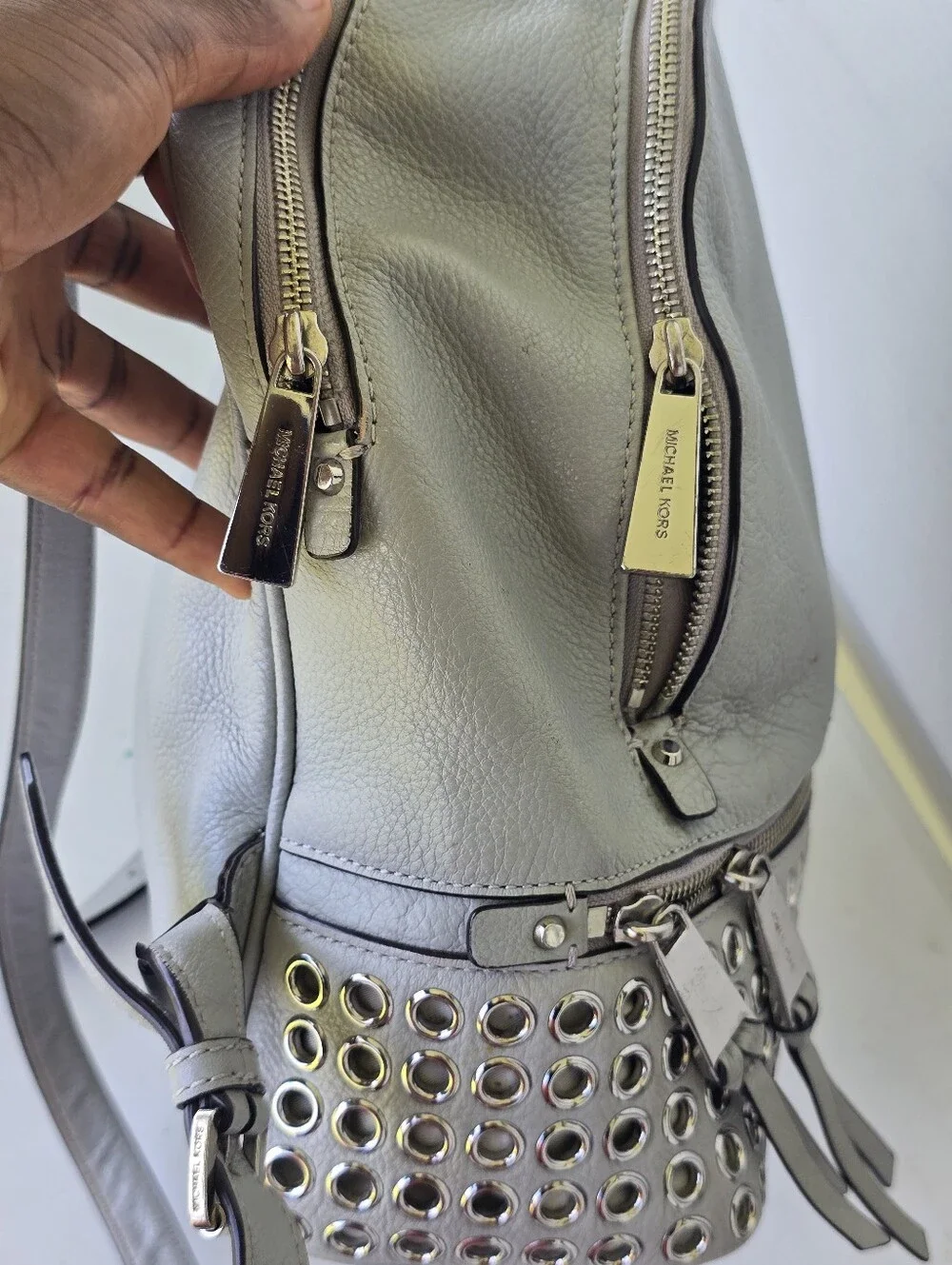Michael Kors Gray Leather Grommet Studded Backpack Silver Hardware 12x13